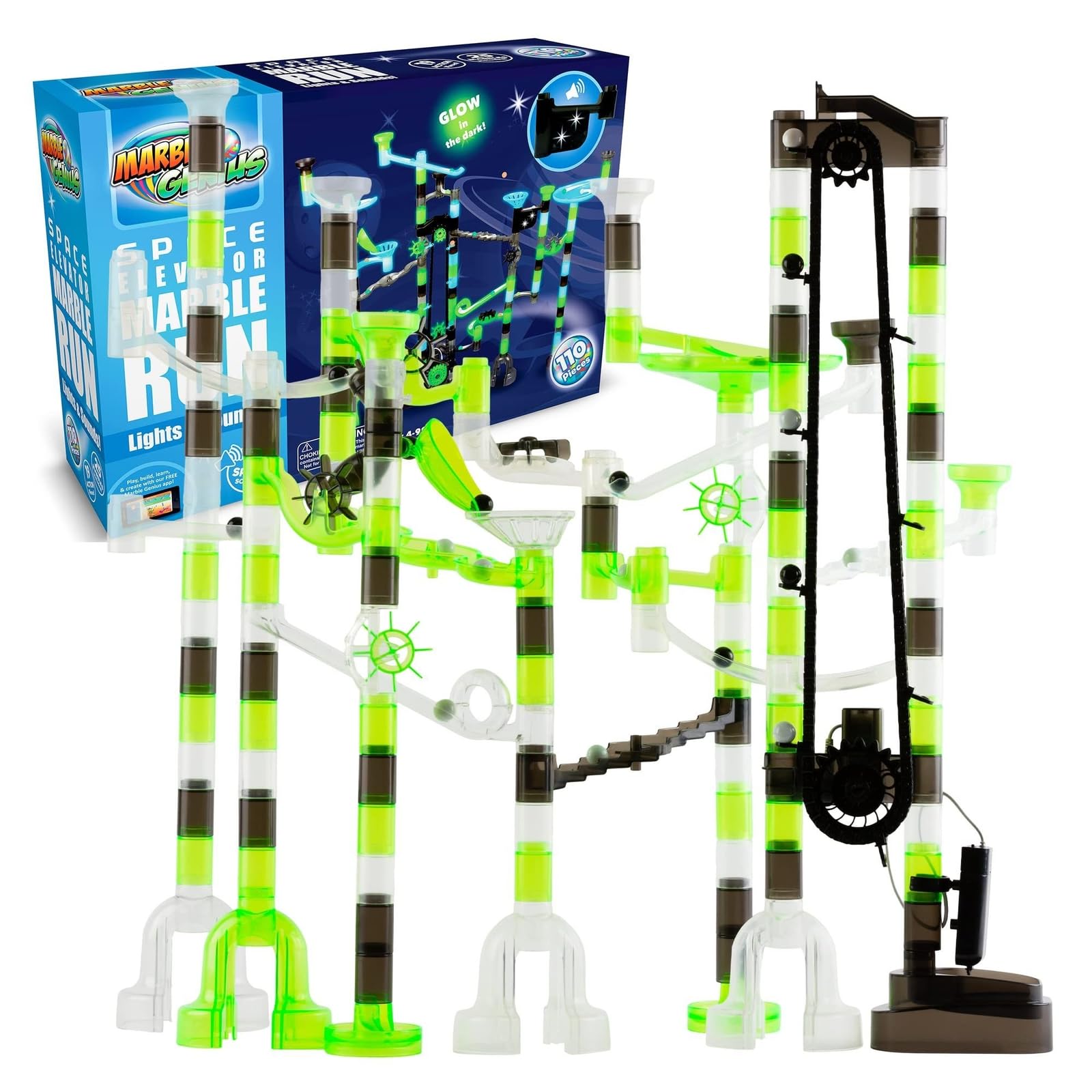 Marble Genius Space Elevator Marble Run Set - 150-Piece Glow-in